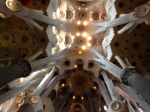 Looking up at the ceiling of the Sagrada Familia.
